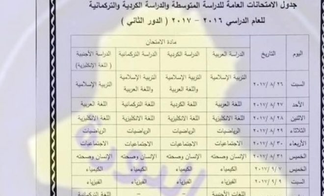جدول الثالث المتوسط الدور الثاني 2017
